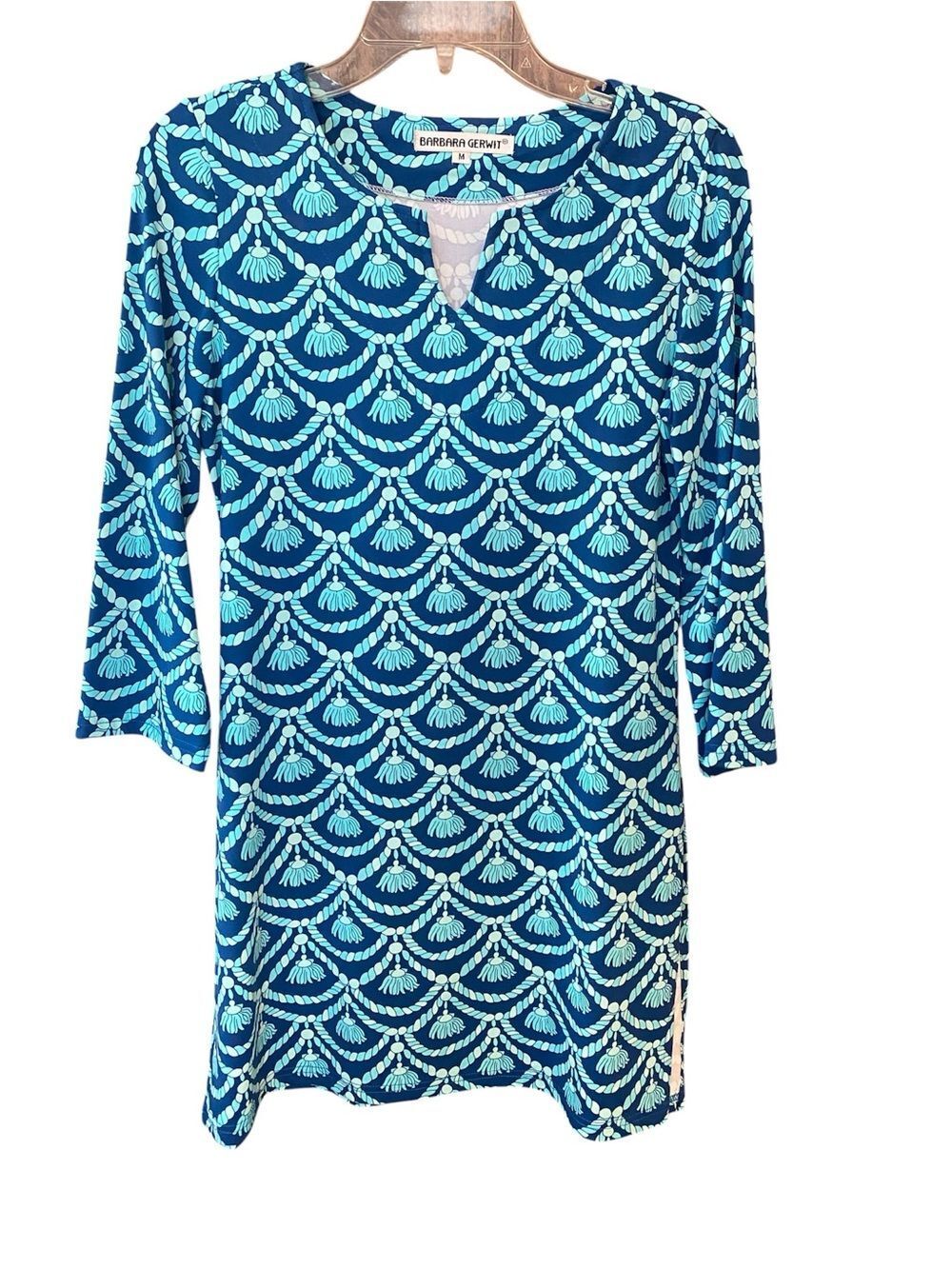 Barbara Gerwit Sz M Blue Tassle Patterned Tunic Summer Luxury Dress